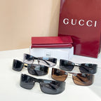 Assorted sunglasses with black frames, dark and brown lenses, logo temples