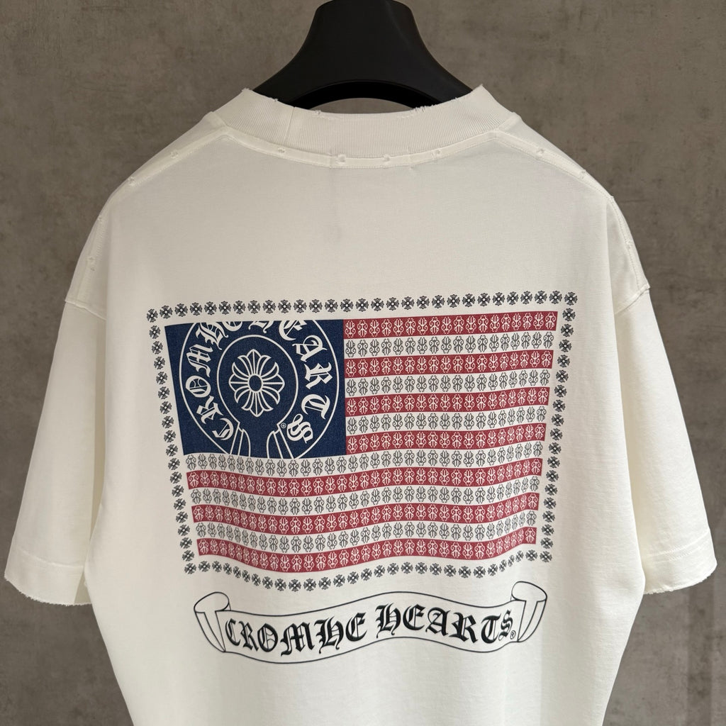 White short-sleeve T-shirt with large back patriotic print and “Chrome Hearts” text