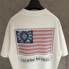 White short-sleeve T-shirt with large back patriotic print and “Chrome Hearts” text
