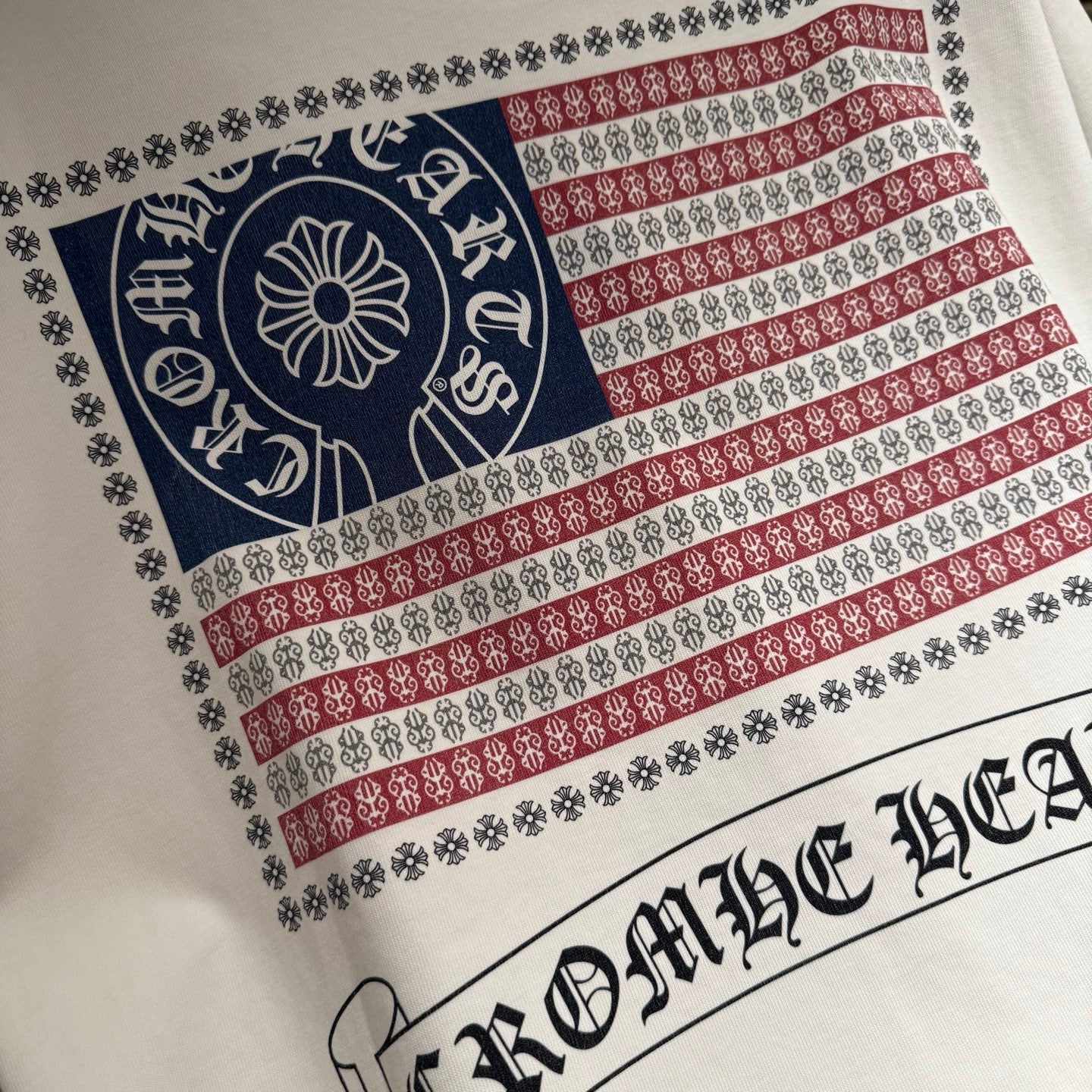 Close-up of back print with blue, red, and white striped heart emblem