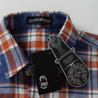 Plaid shirt collar with brand label and interior neck taping.