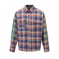 Long-sleeve plaid button-up shirt with two chest pockets and front button placket.