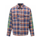 Long-sleeve plaid button-up shirt with two chest pockets and front button placket.