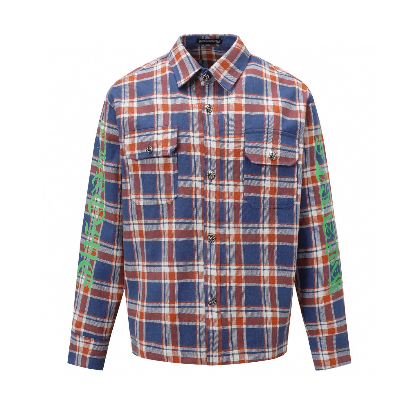 Long-sleeve plaid button-up shirt with two chest pockets and front button placket.