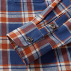 Plaid shirt cuffs with button closures and contrast trim.