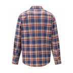 Long-sleeve plaid button-up shirt with back yoke seam and buttoned cuffs.