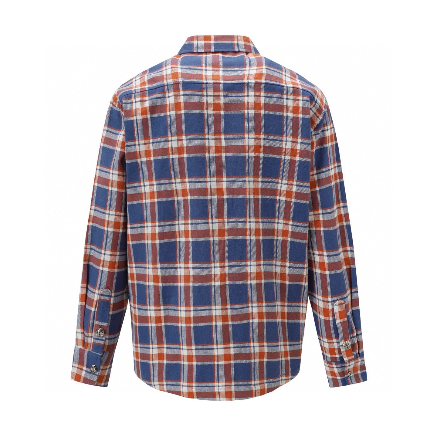 Long-sleeve plaid button-up shirt with back yoke seam and buttoned cuffs.