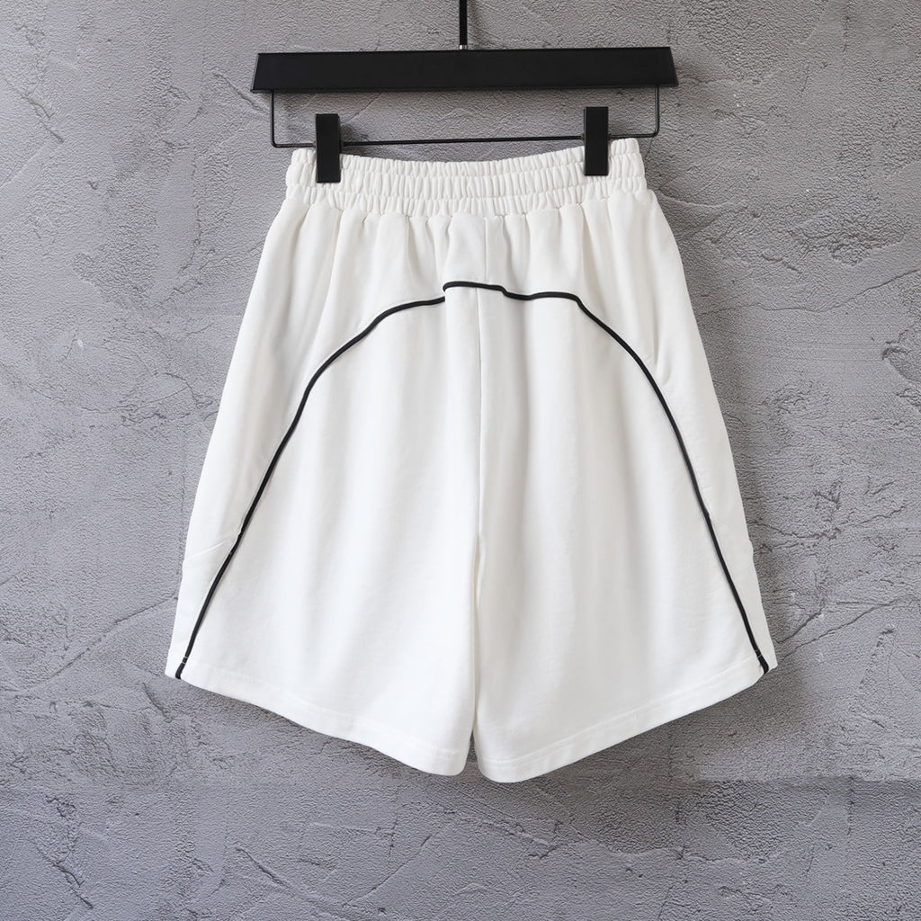 White shorts with elastic waistband and curved side logo print