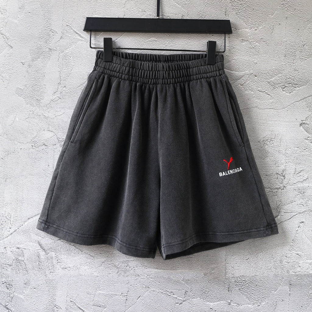Balenciaga pants, dark gray elastic waist shorts with red BALENCIAGA logo at front