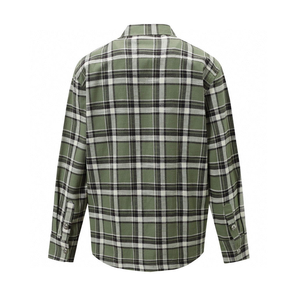 Back view of long-sleeve plaid shirt in green with black and white checks