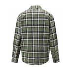 Back view of long-sleeve plaid shirt in green with black and white checks