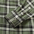 Cuff detail of plaid shirt with button and metal embellishments in green with black checks