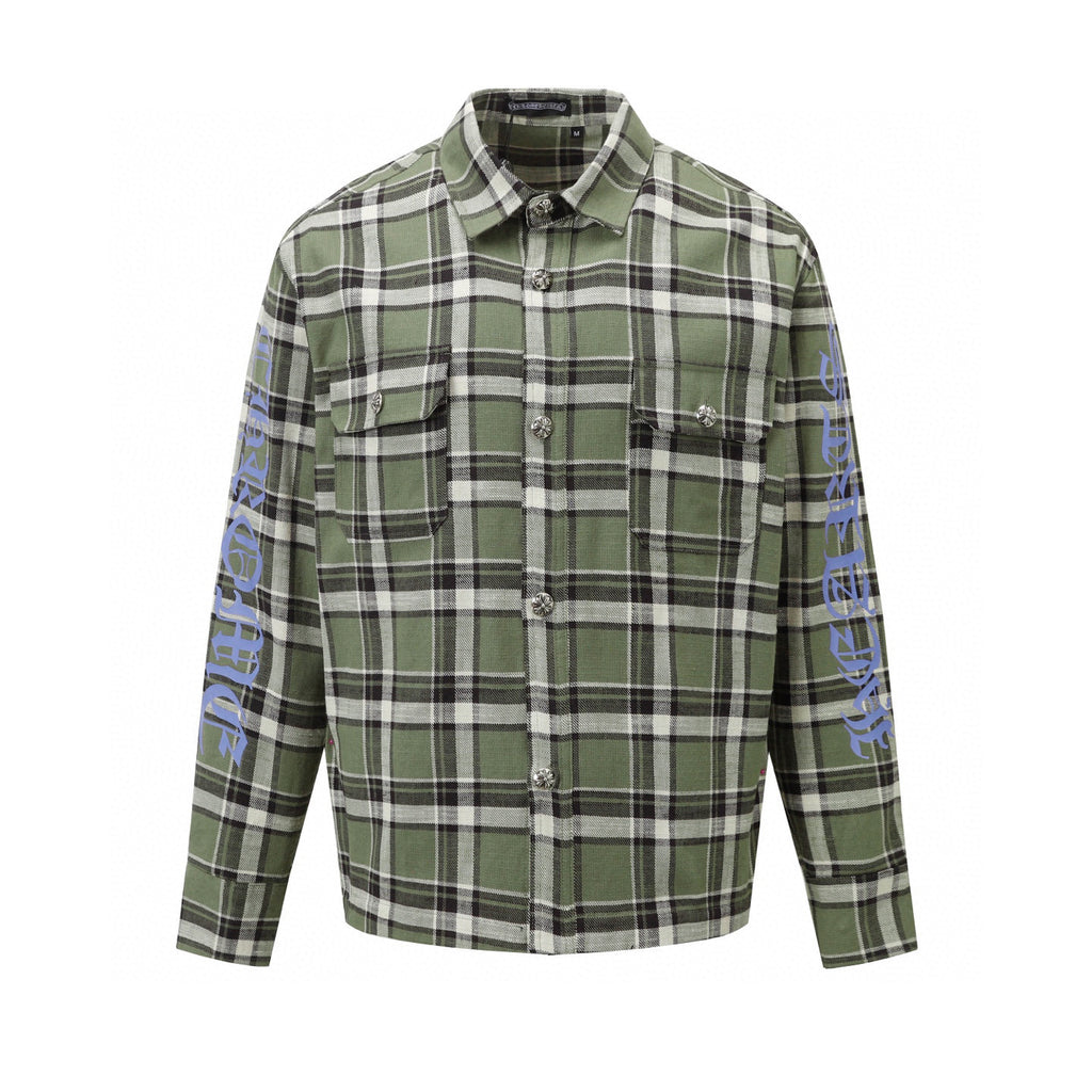 Long-sleeve plaid shirt in green with black and white checks, chest pockets and button front