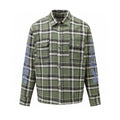 Long-sleeve plaid shirt in green with black and white checks, chest pockets and button front
