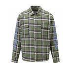 Long-sleeve plaid shirt in green with black and white checks, chest pockets and button front