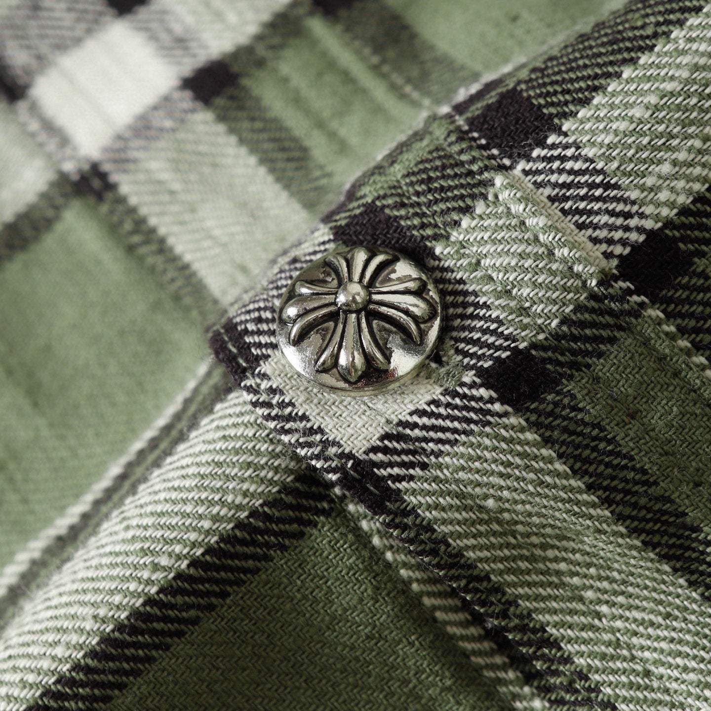 Close-up of plaid shirt button detail on green, black, and white fabric