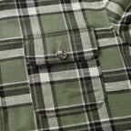 Plaid shirt chest pocket with button detail in green, black, and white checks