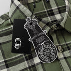 Plaid shirt neck label area with front buttons and metal button details on green fabric