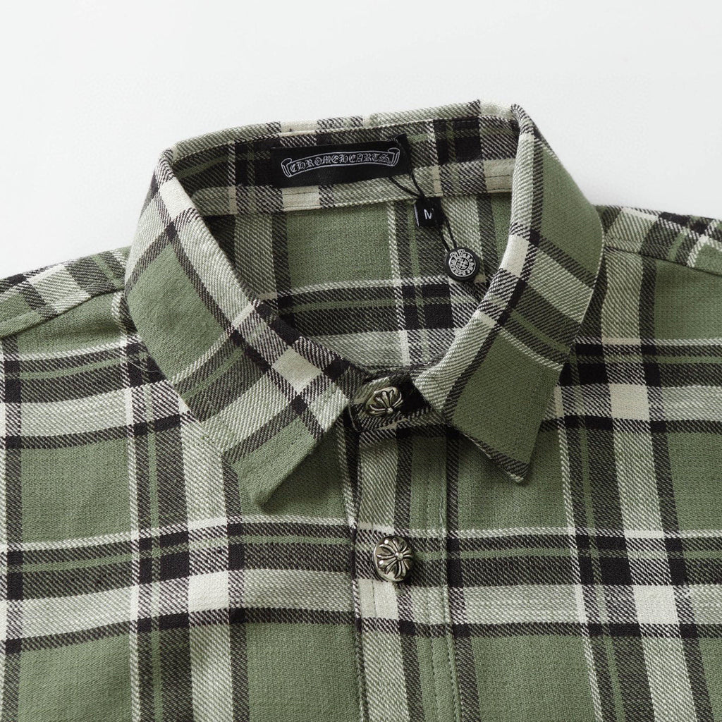 Plaid shirt collar with button placket and decorative metal buttons in green and black