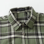Plaid shirt collar with button placket and decorative metal buttons in green and black