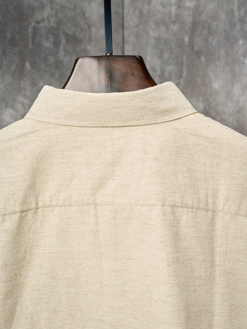 Cream long-sleeve button-up shirt back with standing collar