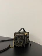 Fendi mini crossbody bag, brown FF jacquard with gold chain strap and zip top
