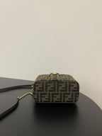 Fendi mini bag top view in brown FF jacquard with gold zipper track and handle
