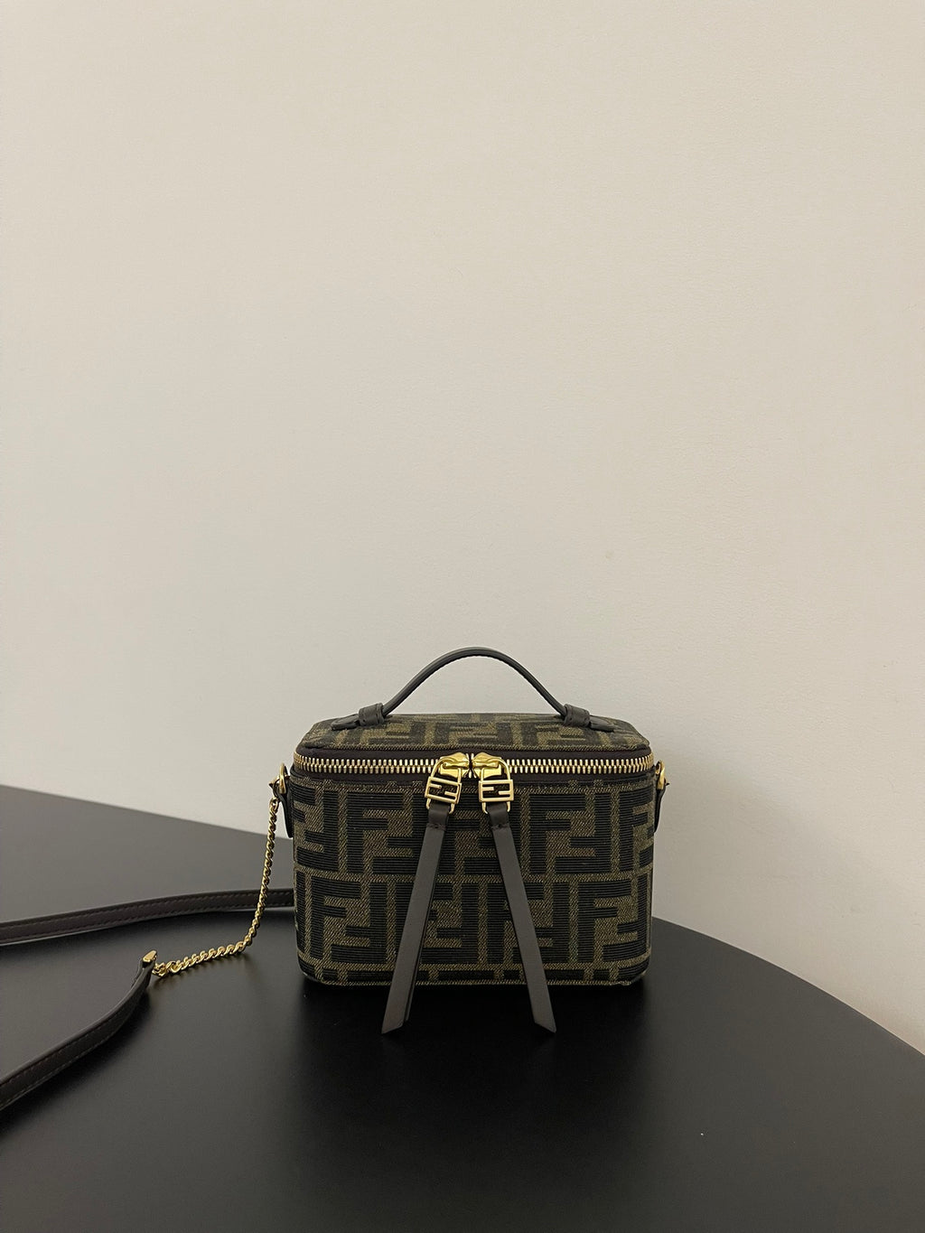 Fendi mini crossbody bag, brown FF jacquard, gold chain strap and top handle