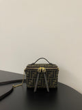 Fendi mini crossbody bag, brown FF jacquard, gold chain strap and top handle