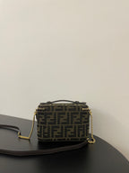 Fendi mini crossbody bag back view in brown FF jacquard with gold chain strap