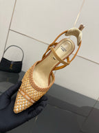 Tan woven slingback sandal with ankle strap, beige insole with FENDI logo.