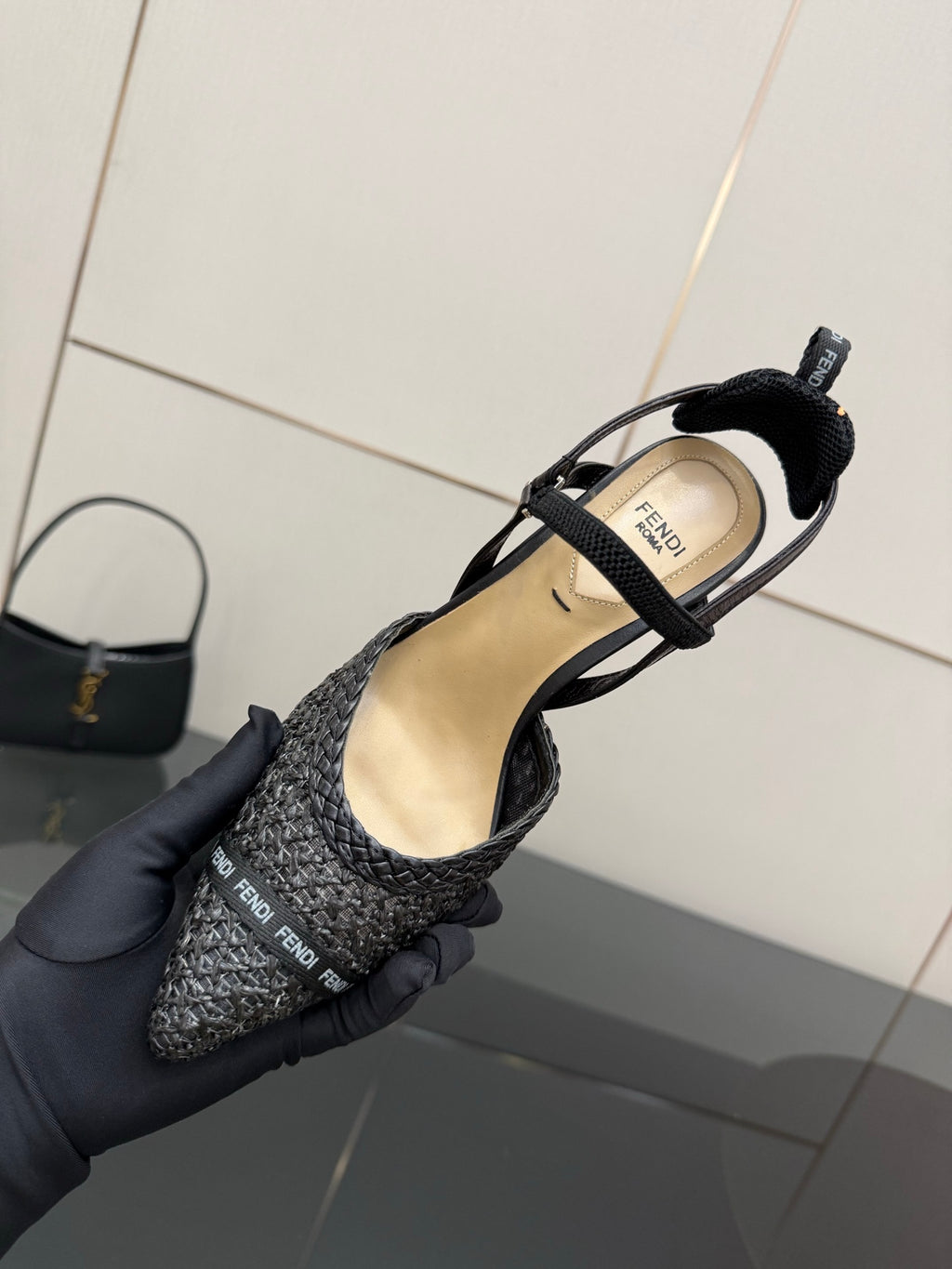Fendi ladies heeled sandal shoes on hand, black textured woven upper with thin ankle strap