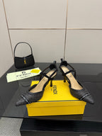Fendi ladies heeled sandal shoes, black woven-look texture, sling back ankle strap, stiletto