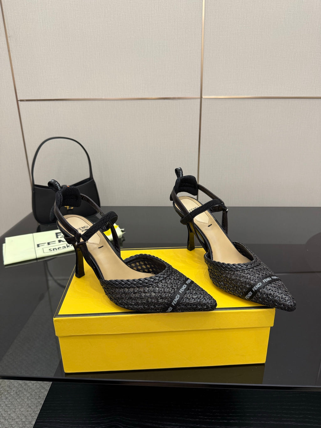 Fendi ladies heeled sandal shoes, black textured upper with thin straps and stiletto heel