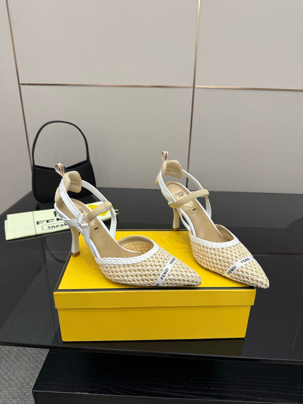 Women’s woven slingback heels with pointed toe, ankle strap, light beige