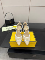 Women’s woven slingback heels with pointed toe and stiletto heel, light beige