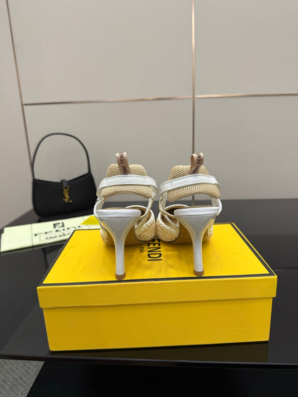 Women’s woven slingback heels from the back, light beige with stiletto heel
