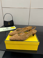 Fendi ladies heeled slingback shoes with tan jacquard finish, pointed toe, thin ankle strap