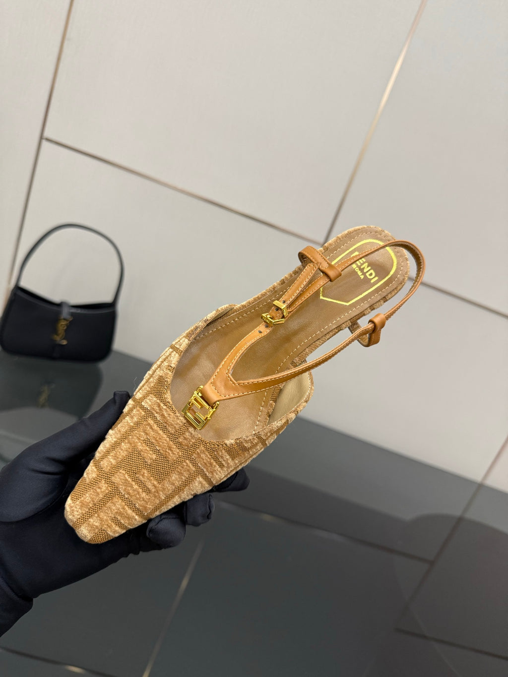 Fendi ladies heeled slingback shoes viewed from heel, tan jacquard with gold hardware