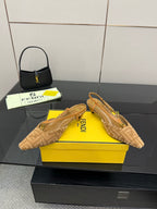 Fendi ladies heeled slingback shoes, tan patterned fabric with pointed toe and gold buckle