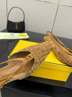 Fendi ladies slingback shoes close view: tan jacquard, gold buckle, thin cross strap