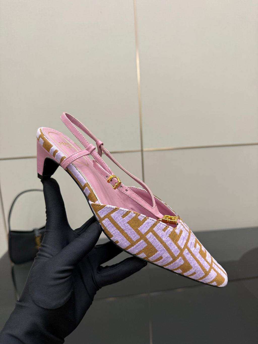 Fendi pink and white FF mule shoes, side strap with gold buckle and low heel