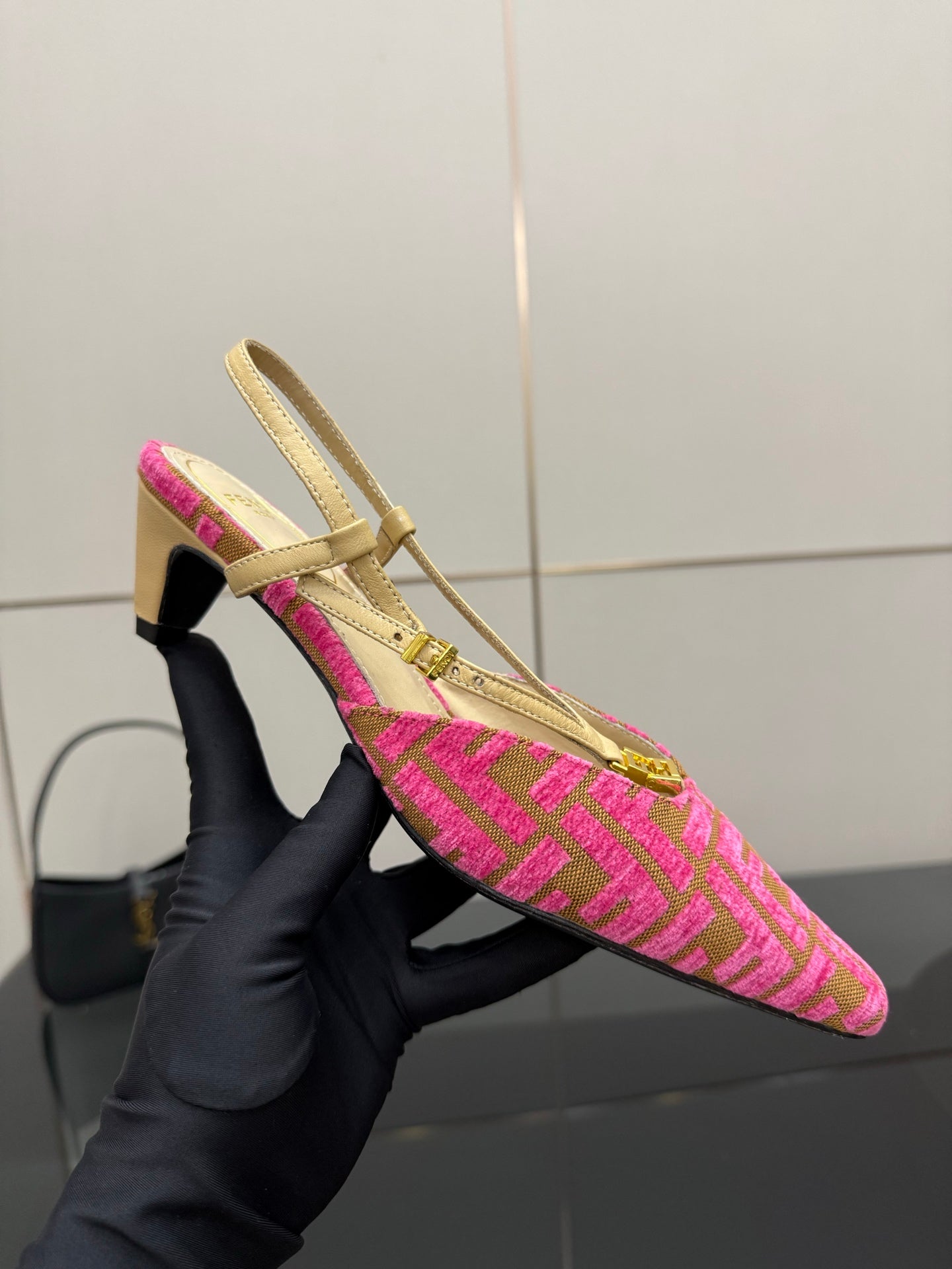 Fendi ladies slingback heels, pink patterned toe with beige sling strap and heel