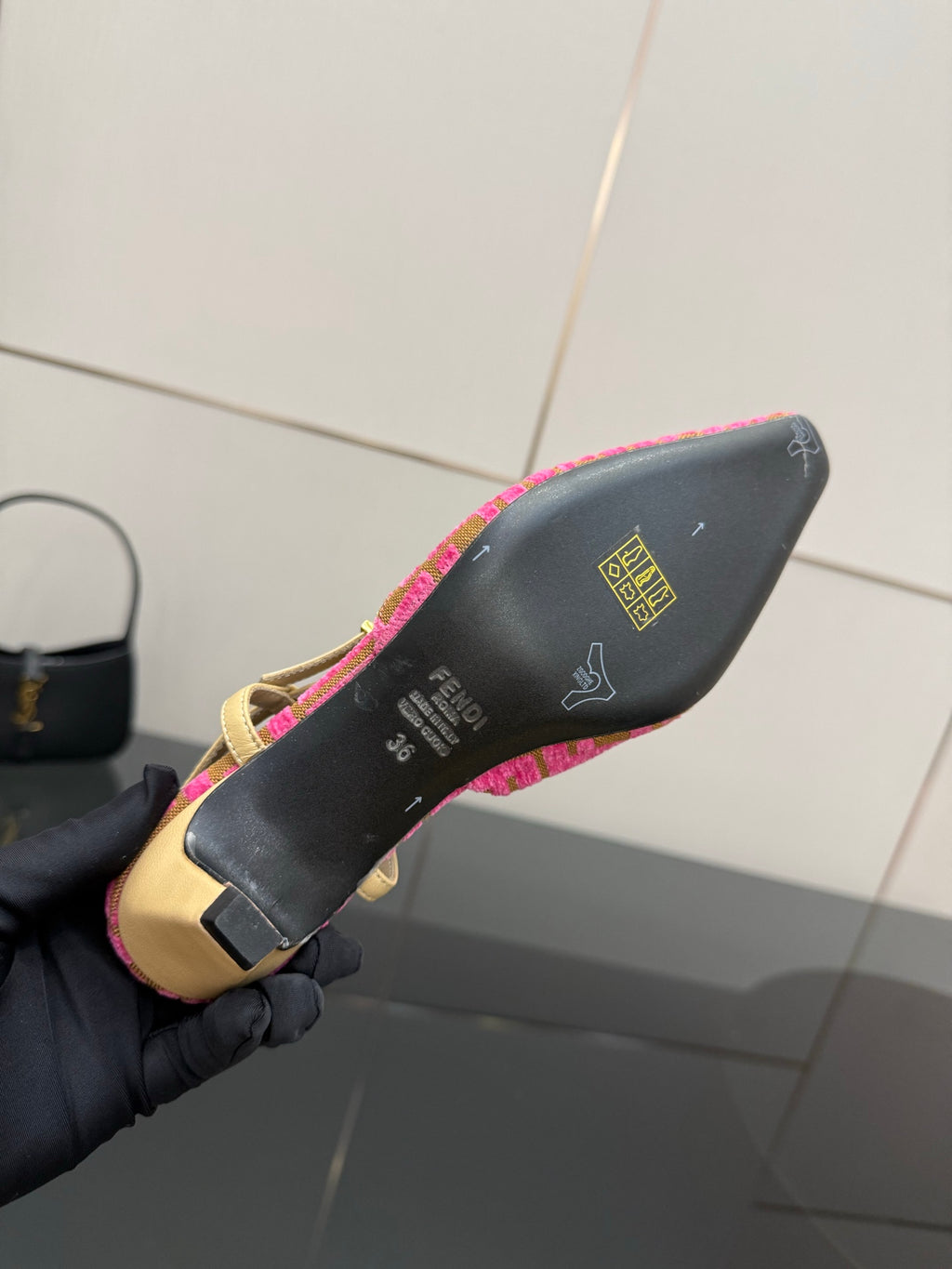 Fendi ladies slingback heel sole, pink patterned fabric edge with heel branding