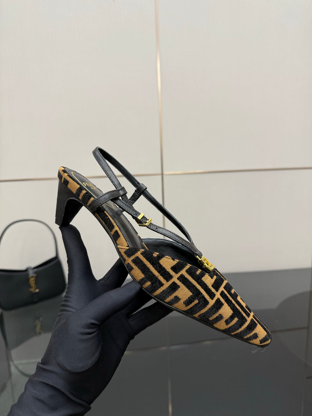 Fendi FF-pattern slingback heels with slender heel and open sling strap