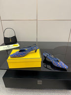 Blue Fendi logo-pattern slingback pumps with pointed toe and low heel