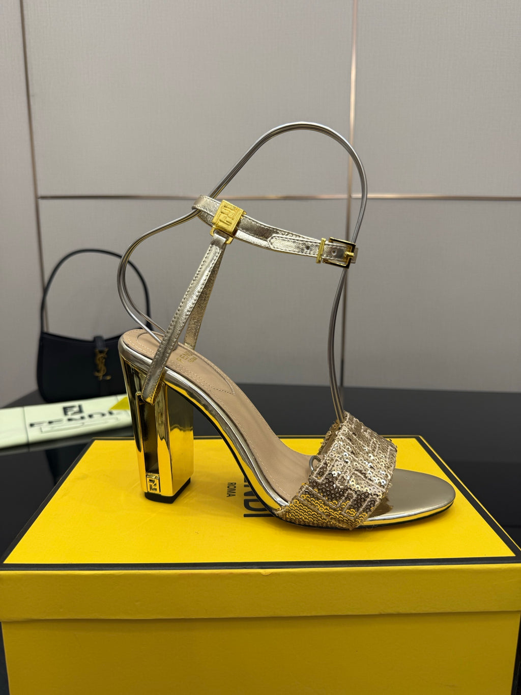 Fendi women's heeled sandals, gold glitter front strap and clear ankle straps