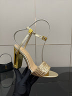 Fendi women's heeled sandals with gold glitter strap and tall block heel