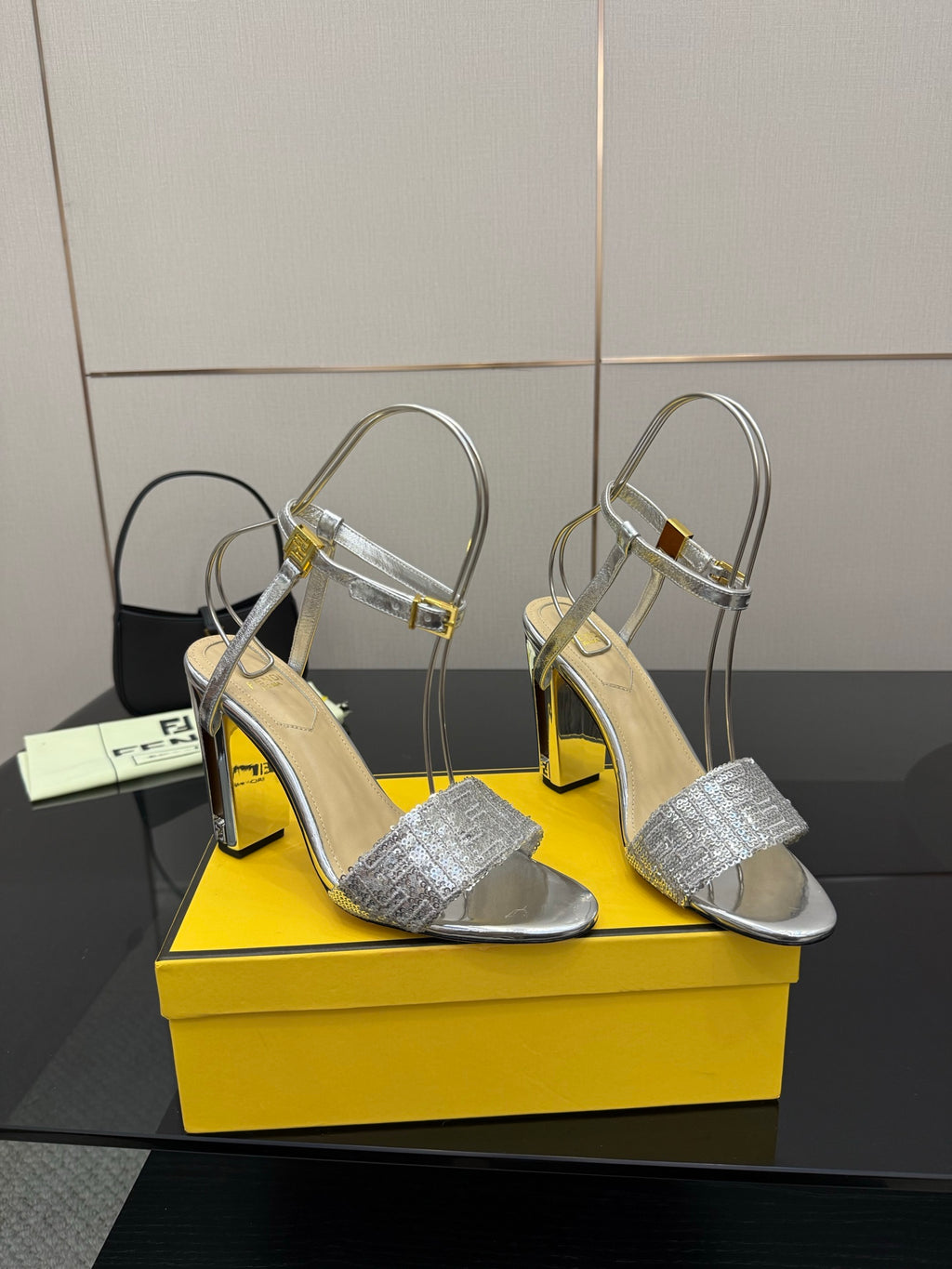 Fendi ladies silver T-strap sandals with clear strap and tall gold high heel