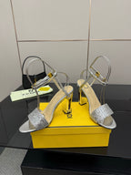 Fendi ladies silver slingback sandals with clear straps and high gold heel